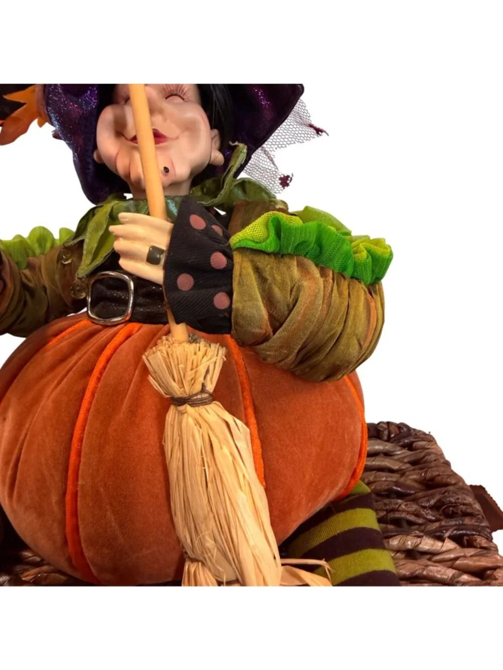 Rare find! Whimsical Halloween Pumpkin Witch Shelf Sitter Doll | Long Striped Le